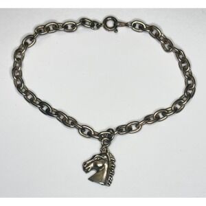 Vintage Horse Head Charm Bracelet Silver Tone 7" Equestrian Western